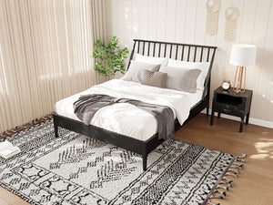 English Elm Solid Bamboo Spindle Queen Bed Tall Bohemian Headboard Platform Frame Wooden Slats Black N701P371274B
