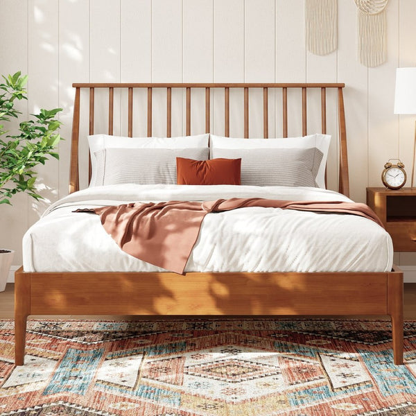 English Elm Solid Bamboo Spindle Queen Bed Tall Bohemian Headboard Platform Frame Wooden Slats Brown N701P371274D
