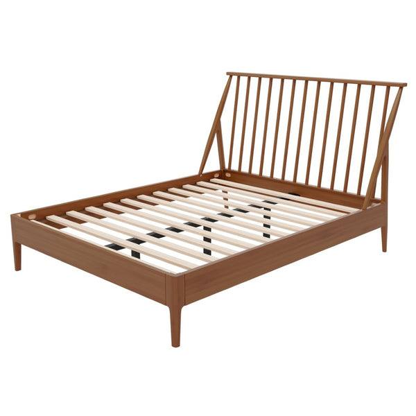 English Elm Solid Bamboo Spindle Queen Bed Tall Bohemian Headboard Platform Frame Wooden Slats Brown N701P371274D
