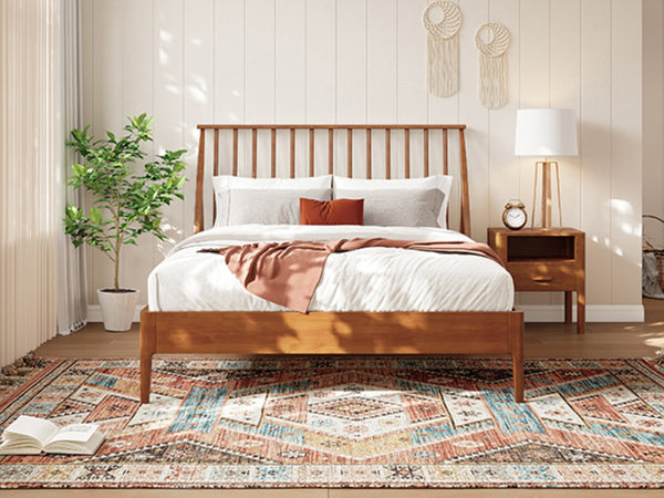 English Elm Solid Bamboo Spindle Queen Bed Tall Bohemian Headboard Platform Frame Wooden Slats Brown N701P371274D