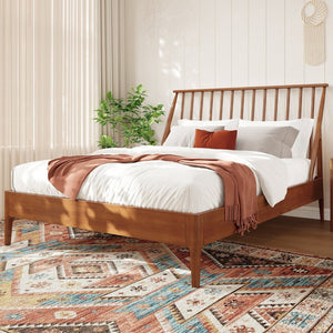 English Elm Solid Bamboo Spindle Queen Bed Tall Bohemian Headboard Platform Frame Wooden Slats Brown N701P371274D