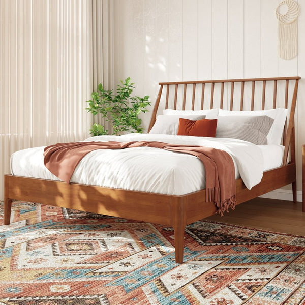 English Elm Solid Bamboo Spindle Queen Bed Tall Bohemian Headboard Platform Frame Wooden Slats Brown N701P371274D