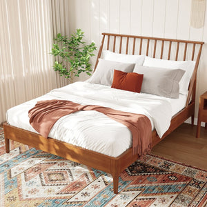 English Elm Solid Bamboo Spindle Queen Bed Tall Bohemian Headboard Platform Frame Wooden Slats Brown N701P371274D