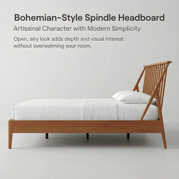 English Elm Solid Bamboo Spindle Queen Bed Tall Bohemian Headboard Platform Frame Wooden Slats Brown N701P371274D