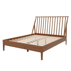 English Elm Solid Bamboo Spindle Queen Bed Tall Bohemian Headboard Platform Frame Wooden Slats Brown N701P371274D