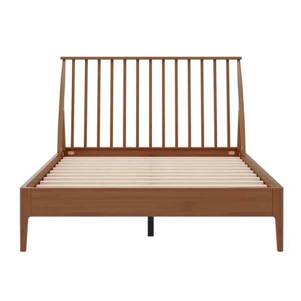 English Elm Solid Bamboo Spindle Queen Bed Tall Bohemian Headboard Platform Frame Wooden Slats Brown N701P371274D