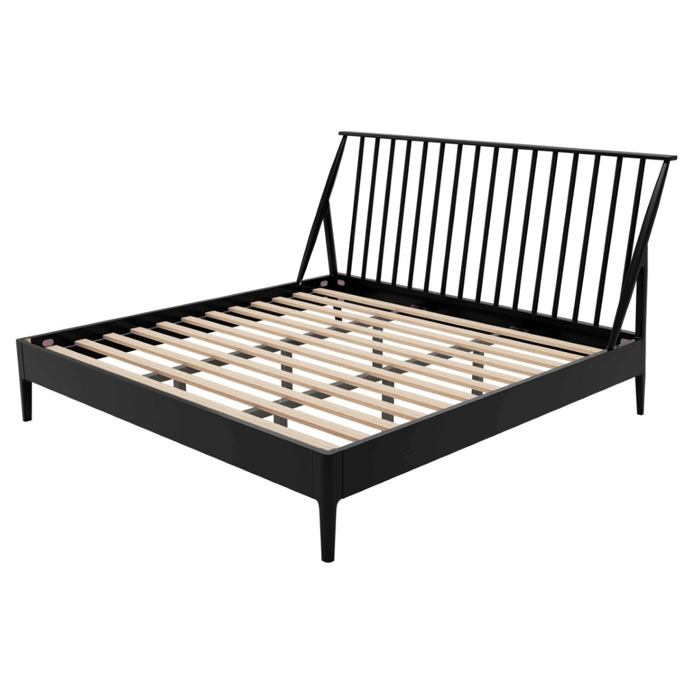 English Elm Solid Bamboo Spindle King Platform Bed Tall Headboard Bohemian Mid-century Frame Black N701P371276B