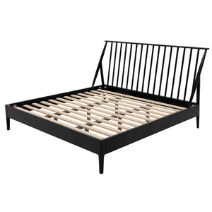 English Elm Solid Bamboo Spindle King Platform Bed Tall Headboard Bohemian Mid-century Frame Black N701P371276B