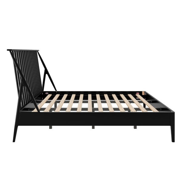 English Elm Solid Bamboo Spindle King Platform Bed Tall Headboard Bohemian Mid-century Frame Black N701P371276B