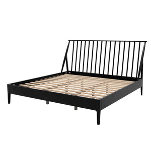 English Elm Solid Bamboo Spindle King Platform Bed Tall Headboard Bohemian Mid-century Frame Black N701P371276B