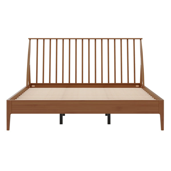English Elm Solid Bamboo Spindle King Platform Bed Tall Headboard Bohemian Mid-century Frame Brown N701P371276D