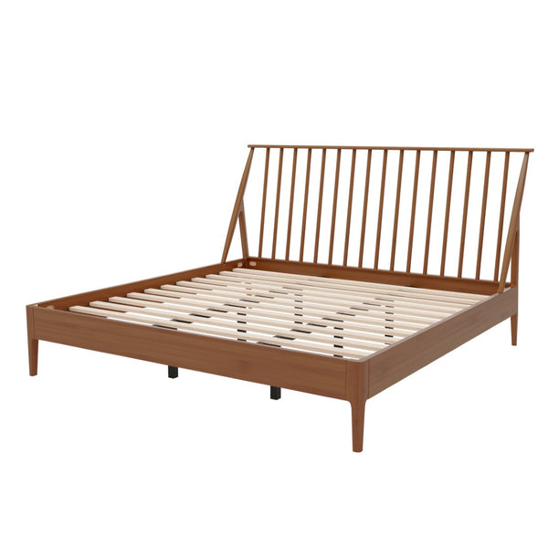 English Elm Solid Bamboo Spindle King Platform Bed Tall Headboard Bohemian Mid-century Frame Brown N701P371276D