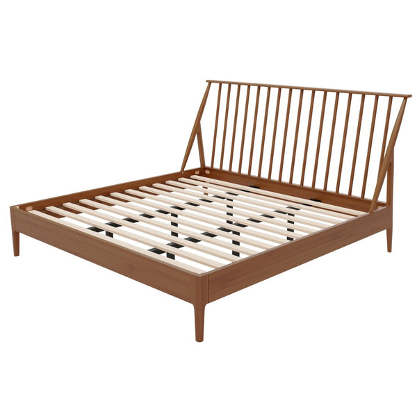 English Elm Solid Bamboo Spindle King Platform Bed Tall Headboard Bohemian Mid-century Frame Brown N701P371276D