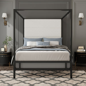 English Elm Modern Canopy Queen Bed Tall Velvet Headboard Black Metal Four Poster Frame N701P383779B