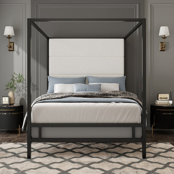 English Elm Modern Canopy Queen Bed Tall Velvet Headboard Black Metal Four Poster Frame N701P383779B