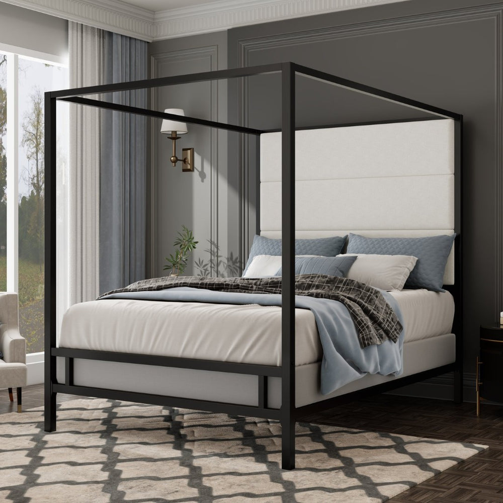 English Elm Modern Canopy Queen Bed Tall Velvet Headboard Black Metal Four Poster Frame N701P383779B