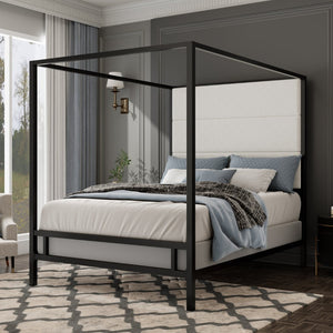 English Elm Modern Canopy Queen Bed Tall Velvet Headboard Black Metal Four Poster Frame N701P383779B