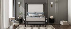 English Elm Modern Canopy Queen Bed Tall Velvet Headboard Black Metal Four Poster Frame N701P383779B