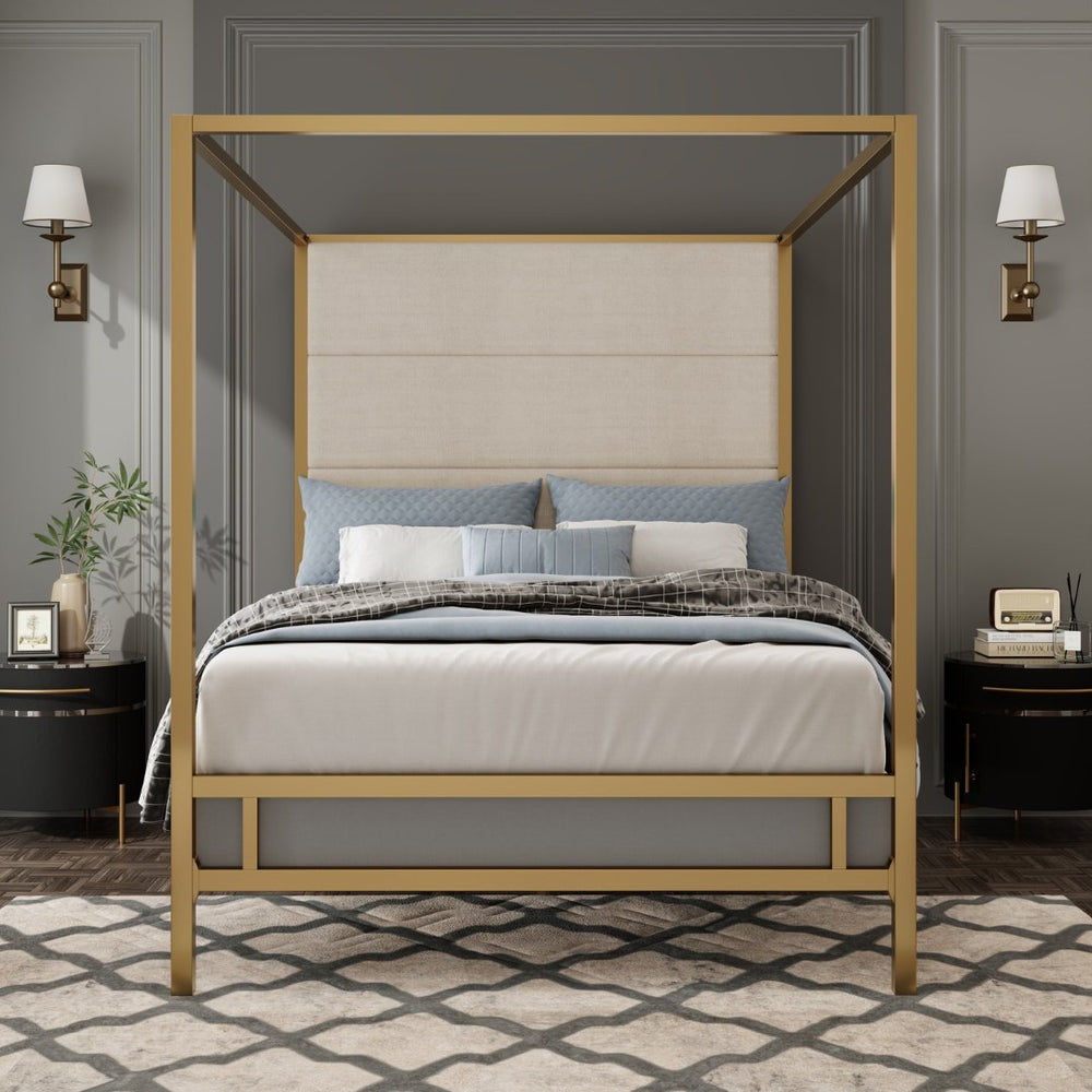 English Elm Modern Gold Four Poster Canopy Queen Bed Tall Linen Headboard Glamour Bedroom N701P383779C