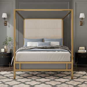 English Elm Modern Gold Four Poster Canopy Queen Bed Tall Linen Headboard Glamour Bedroom N701P383779C