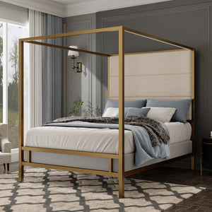 English Elm Modern Gold Four Poster Canopy Queen Bed Tall Linen Headboard Glamour Bedroom N701P383779C