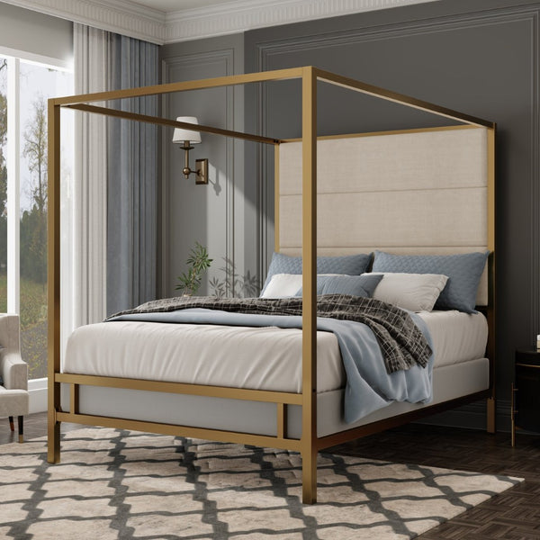 English Elm Modern Gold Four Poster Canopy Queen Bed Tall Linen Headboard Glamour Bedroom N701P383779C