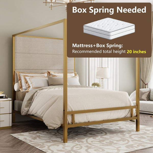 English Elm Modern Gold Four Poster Canopy Queen Bed Tall Linen Headboard Glamour Bedroom N701P383779C