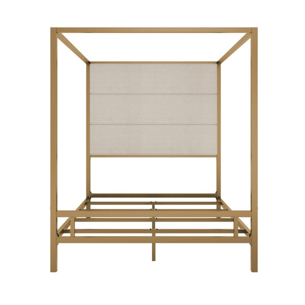 English Elm Modern Gold Four Poster Canopy Queen Bed Tall Linen Headboard Glamour Bedroom N701P383779C