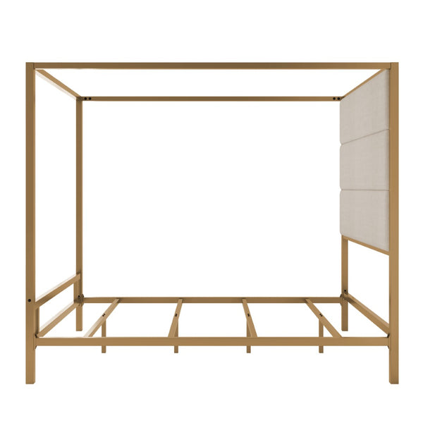 English Elm Modern Gold Four Poster Canopy Queen Bed Tall Linen Headboard Glamour Bedroom N701P383779C