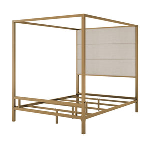 English Elm Modern Gold Four Poster Canopy Queen Bed Tall Linen Headboard Glamour Bedroom N701P383779C