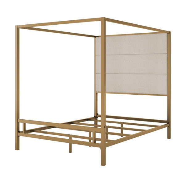 English Elm Modern Gold Four Poster Canopy Queen Bed Tall Linen Headboard Glamour Bedroom N701P383779C