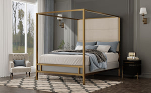 English Elm Modern Gold Four Poster Canopy Queen Bed Tall Linen Headboard Glamour Bedroom N701P383779C