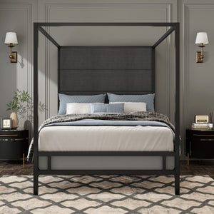 English Elm Modern Four Poster Queen Canopy Bed Tall Linen Upholstered Headboard Matte Black Metal N701P383779F