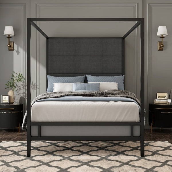 English Elm Modern Four Poster Queen Canopy Bed Tall Linen Upholstered Headboard Matte Black Metal N701P383779F