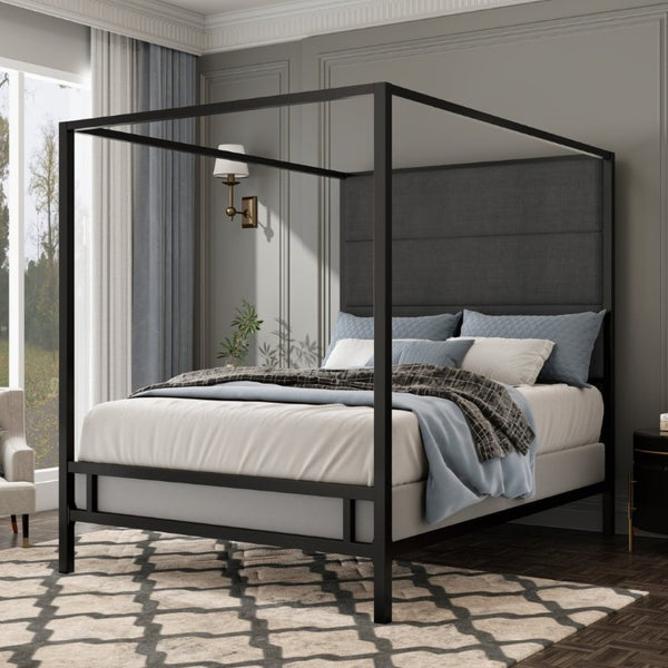 English Elm Modern Four Poster Queen Canopy Bed Tall Linen Upholstered Headboard Matte Black Metal N701P383779F