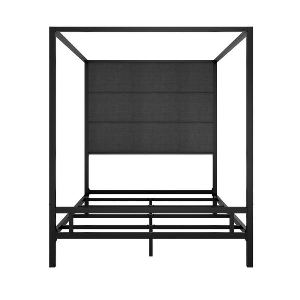 English Elm Modern Four Poster Queen Canopy Bed Tall Linen Upholstered Headboard Matte Black Metal N701P383779F