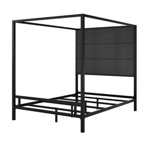 English Elm Modern Four Poster Queen Canopy Bed Tall Linen Upholstered Headboard Matte Black Metal N701P383779F