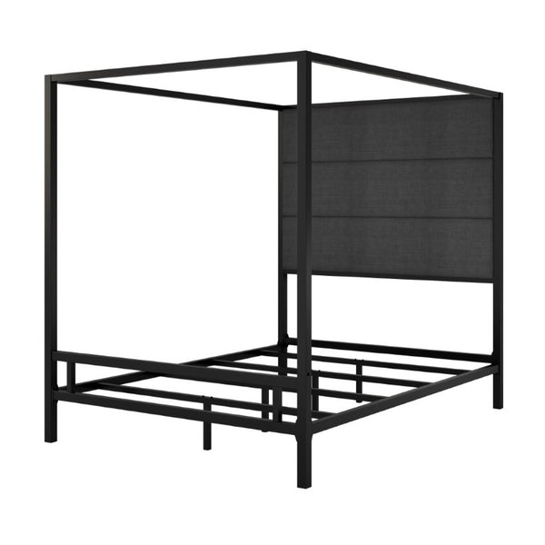 English Elm Modern Four Poster Queen Canopy Bed Tall Linen Upholstered Headboard Matte Black Metal N701P383779F