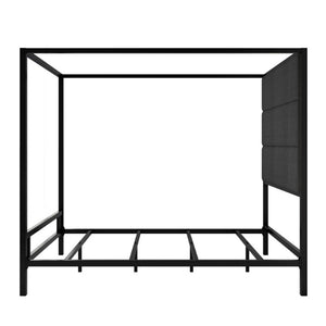 English Elm Modern Four Poster Queen Canopy Bed Tall Linen Upholstered Headboard Matte Black Metal N701P383779F