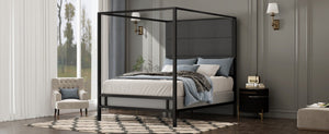 English Elm Modern Four Poster Queen Canopy Bed Tall Linen Upholstered Headboard Matte Black Metal N701P383779F