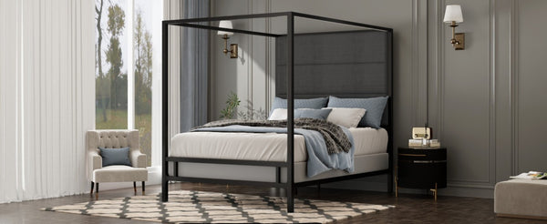 English Elm Modern Four Poster Queen Canopy Bed Tall Linen Upholstered Headboard Matte Black Metal N701P383779F
