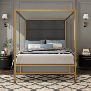 English Elm Modern Gold Canopy Queen Bed Tall Linen Upholstered Headboard Four Poster Frame N701P383779G