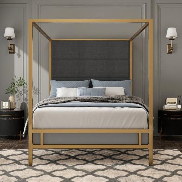 English Elm Modern Gold Canopy Queen Bed Tall Linen Upholstered Headboard Four Poster Frame N701P383779G