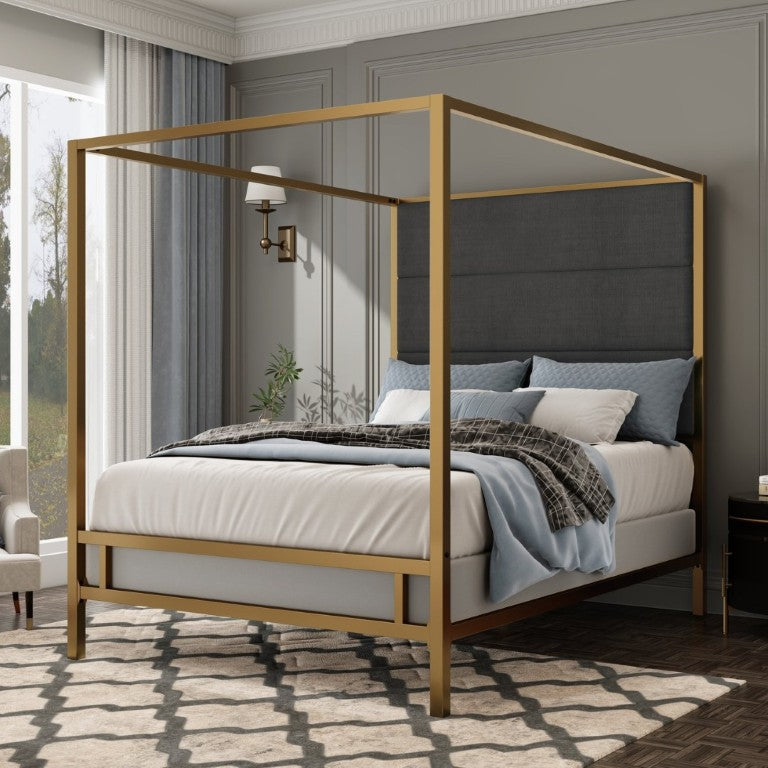 English Elm Modern Gold Canopy Queen Bed Tall Linen Upholstered Headboard Four Poster Frame N701P383779G