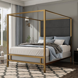 English Elm Modern Gold Canopy Queen Bed Tall Linen Upholstered Headboard Four Poster Frame N701P383779G