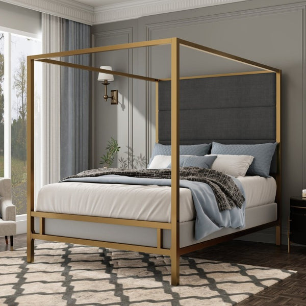 English Elm Modern Gold Canopy Queen Bed Tall Linen Upholstered Headboard Four Poster Frame N701P383779G