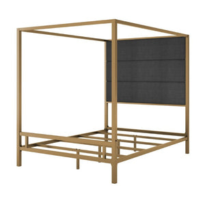 English Elm Modern Gold Canopy Queen Bed Tall Linen Upholstered Headboard Four Poster Frame N701P383779G