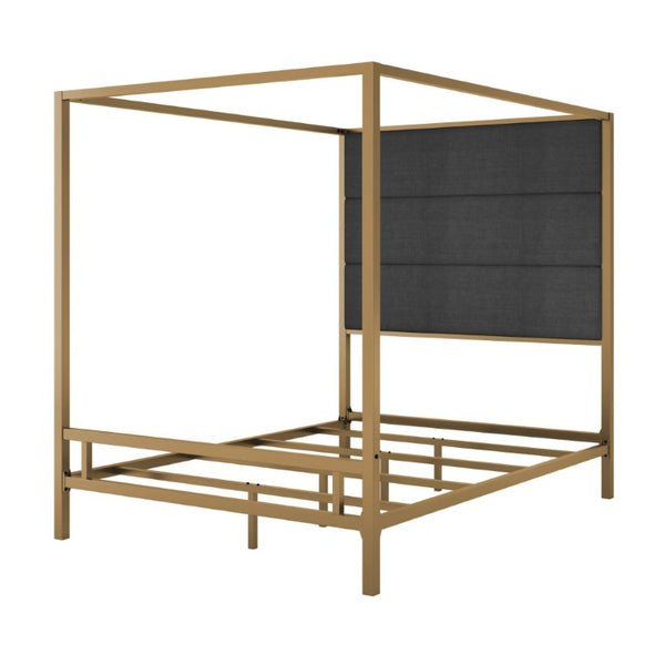 English Elm Modern Gold Canopy Queen Bed Tall Linen Upholstered Headboard Four Poster Frame N701P383779G