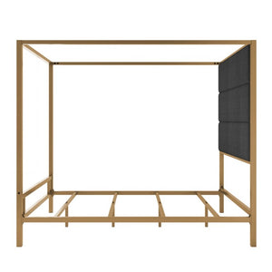 English Elm Modern Gold Canopy Queen Bed Tall Linen Upholstered Headboard Four Poster Frame N701P383779G