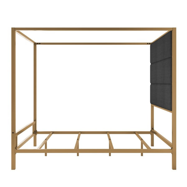 English Elm Modern Gold Canopy Queen Bed Tall Linen Upholstered Headboard Four Poster Frame N701P383779G